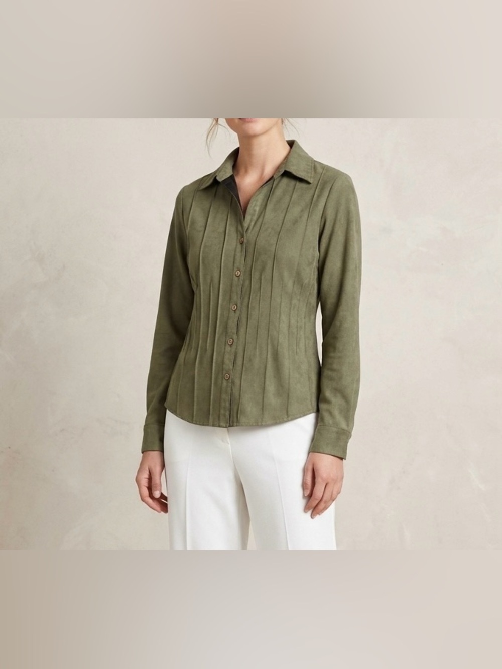 Lemon Grass Vintage Y2K 90s Faux Suede Pintuck Button Down Shirt Green Size M